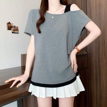 大码假两件拼接斜肩短袖T恤女夏季灰色修身设计感显瘦上衣 服裝批發女裝批發服飾貨源