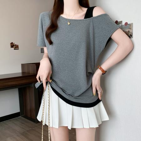 BY18952# 大码假两件拼接斜肩短袖T恤女夏季灰色修身设计感显瘦上衣 服裝批發女裝批發服飾貨源
