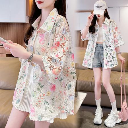 夏季新款美式复古设计大花镂空个性宽松衬衫短袖小众上衣女 服裝批發女裝批發服飾貨源