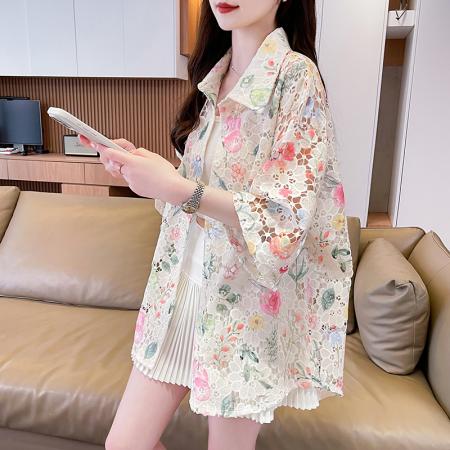 BY18953# 夏季新款美式复古设计大花镂空个性宽松衬衫短袖小众上衣女 服裝批發女裝批發服飾貨源