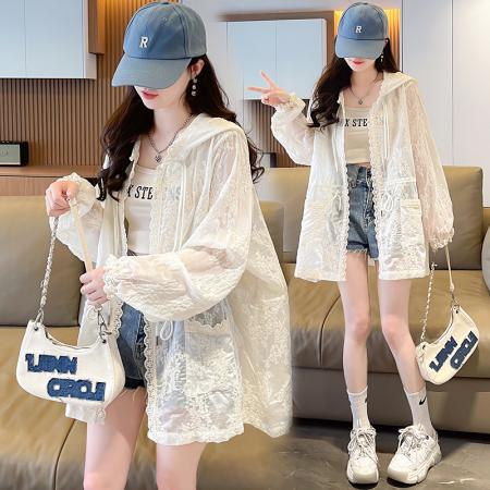 米色蕾丝防晒衣女新中式重工刺绣夏季抽绳收腰连帽宽松薄外套 服裝批發女裝批發服飾貨源