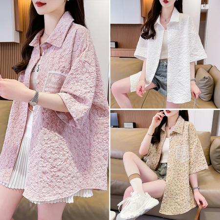 BY18955# 新款夏季时尚立体花朵机理感短袖情侣衬衫外套小众男女同款潮 服裝批發女裝批發服飾貨源