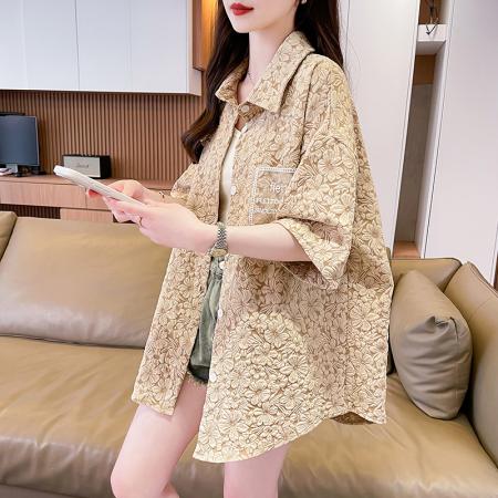 BY18955# 新款夏季时尚立体花朵机理感短袖情侣衬衫外套小众男女同款潮 服裝批發女裝批發服飾貨源