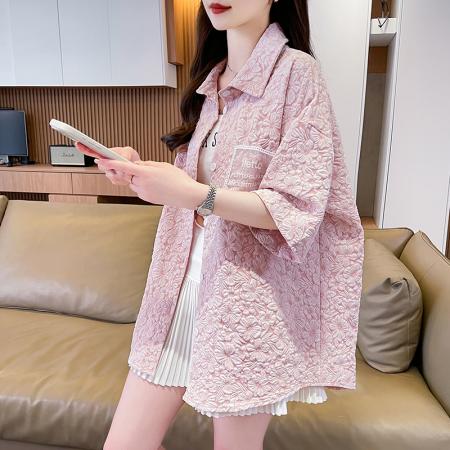 BY18955# 新款夏季时尚立体花朵机理感短袖情侣衬衫外套小众男女同款潮 服裝批發女裝批發服飾貨源