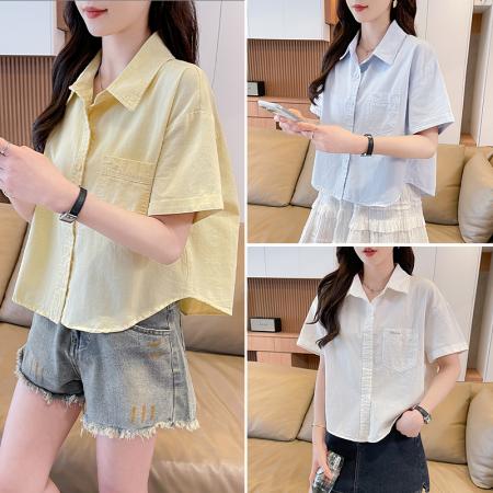 BY18956# 短袖外套女夏季薄款新款休闲宽松百搭短款衬衫衬衣小众上衣 服裝批發女裝批發服飾貨源