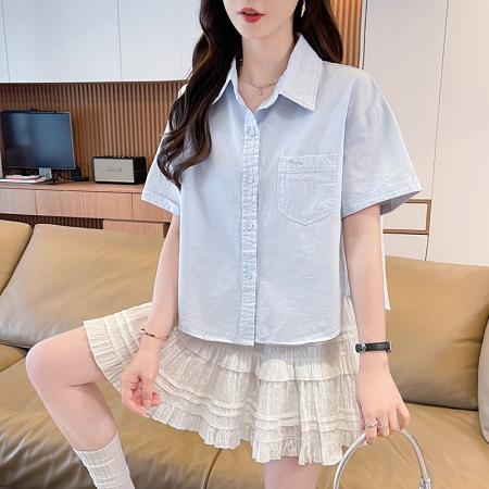 BY18956# 短袖外套女夏季薄款新款休闲宽松百搭短款衬衫衬衣小众上衣 服裝批發女裝批發服飾貨源