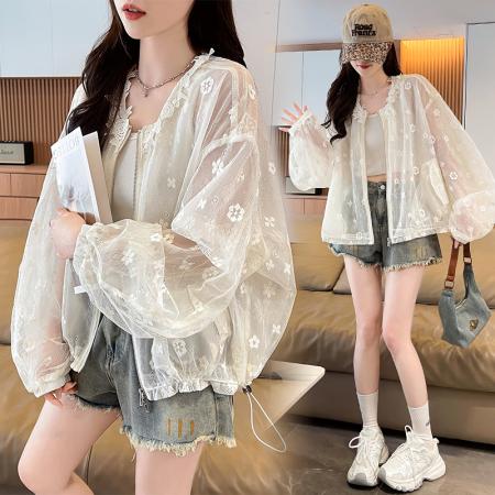 蕾丝提花缕空透气短外套女夏季轻薄透气户外旅游宽松休闲空调衫 服裝批發女裝批發服飾貨源
