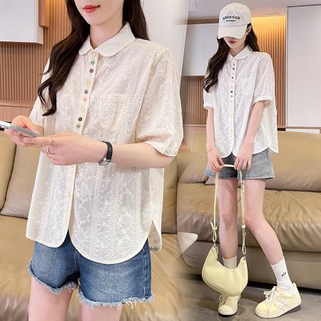 BY18958# 彩色纽扣纯棉白色短袖衬衫女夏外穿小个子新款设计感薄款上衣 服裝批發女裝批發服飾貨源