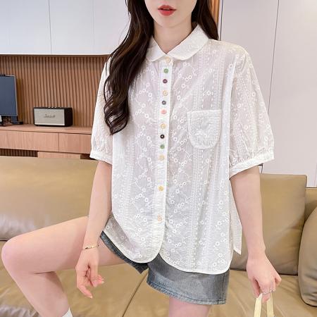 BY18958# 彩色纽扣纯棉白色短袖衬衫女夏外穿小个子新款设计感薄款上衣 服裝批發女裝批發服飾貨源