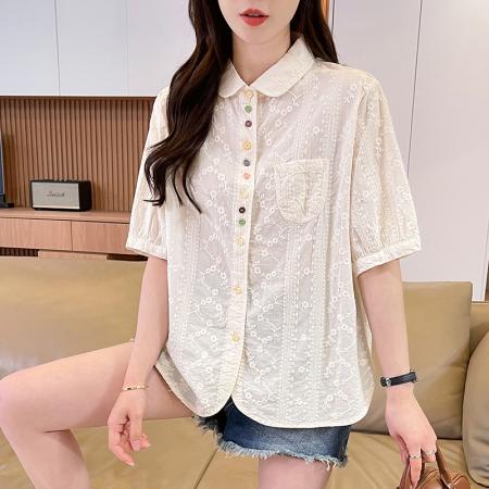 BY18958# 彩色纽扣纯棉白色短袖衬衫女夏外穿小个子新款设计感薄款上衣 服裝批發女裝批發服飾貨源