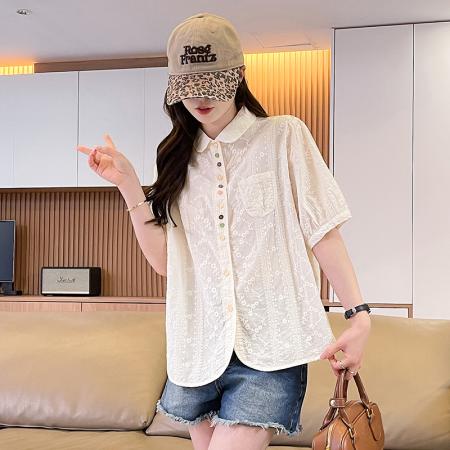BY18958# 彩色纽扣纯棉白色短袖衬衫女夏外穿小个子新款设计感薄款上衣 服裝批發女裝批發服飾貨源
