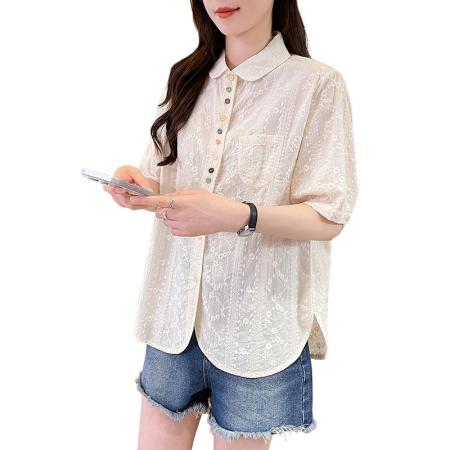BY18958# 彩色纽扣纯棉白色短袖衬衫女夏外穿小个子新款设计感薄款上衣 服裝批發女裝批發服飾貨源