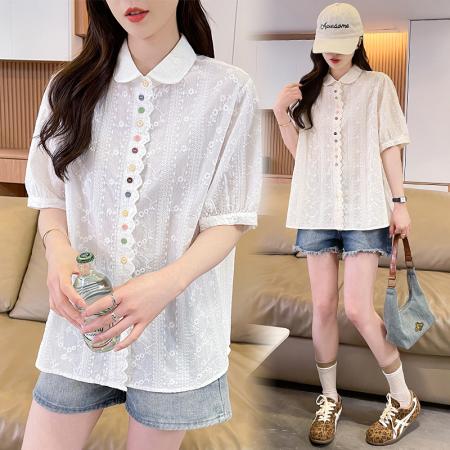 花边彩色扣纯棉提花短袖薄款衬衫女设计感新款夏休闲减龄上衣 服裝批發女裝批發服飾貨源