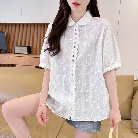 BY18959# 花边彩色扣纯棉提花短袖薄款衬衫女设计感新款夏休闲减龄上衣 服裝批發女裝批發服飾貨源