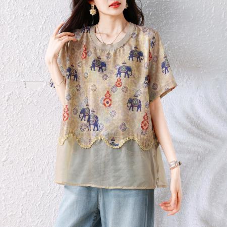 BY18961# 夏季新款文艺复古设计感印花短袖上衣女宽松显瘦百搭T恤 服裝批發女裝批發服飾貨源