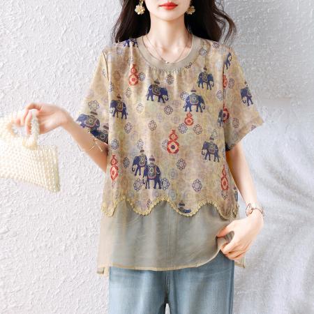 BY18961# 夏季新款文艺复古设计感印花短袖上衣女宽松显瘦百搭T恤 服裝批發女裝批發服飾貨源