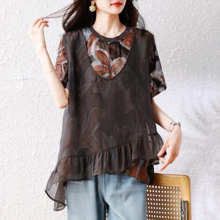 宽松大码胖MM新款T恤夏季休闲显瘦洋气假两件上衣女 服裝批發女裝批發服飾貨源