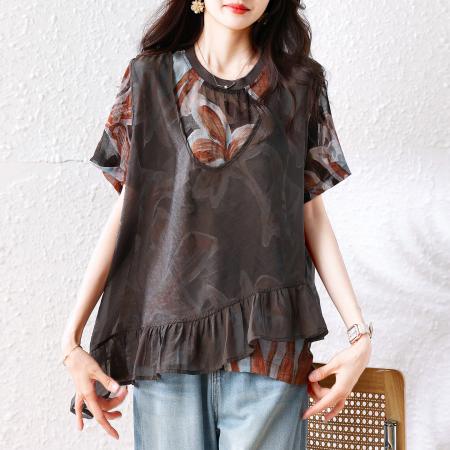 BY18962# 宽松大码胖MM新款T恤夏季休闲显瘦洋气假两件上衣女 服裝批發女裝批發服飾貨源