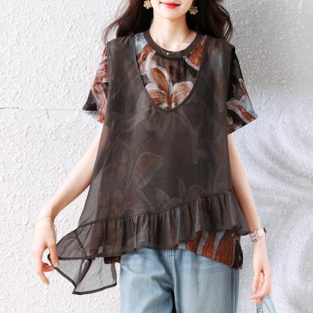BY18962# 宽松大码胖MM新款T恤夏季休闲显瘦洋气假两件上衣女 服裝批發女裝批發服飾貨源