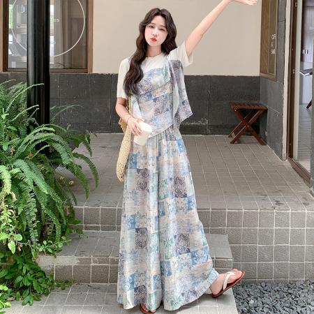 韩版设计感雪纺印花t恤上衣休闲薄款宽松阔腿裤两件套女夏季新款 服裝批發女裝批發服飾貨源