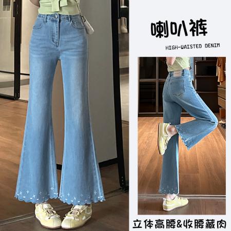 BY18964# 花边刺绣喇叭牛仔裤女春季小个子高腰弹力宽松遮肉微喇裤 服裝批發女裝批發服飾貨源