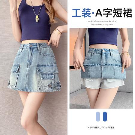 BY18966# 牛仔半身裙女夏季薄款多口袋工装裙辣妹a字显瘦包臀短裙 服裝批發女裝批發服飾貨源
