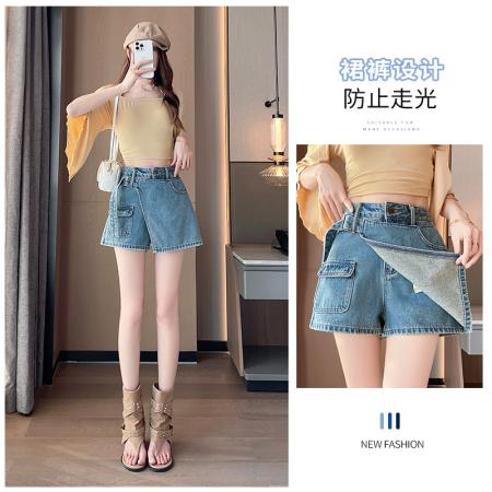 假两件牛仔短裙裤女夏季A字高腰不规则带裙裤小个子辣妹裤子 服裝批發女裝批發服飾貨源