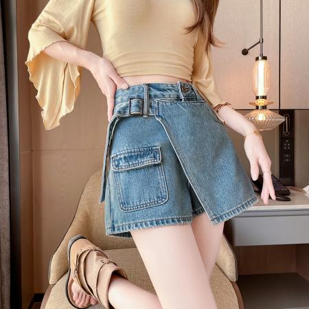 BY18967# 假两件牛仔短裙裤女夏季A字高腰不规则带裙裤小个子辣妹裤子 服裝批發女裝批發服飾貨源