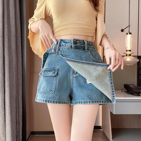 BY18967# 假两件牛仔短裙裤女夏季A字高腰不规则带裙裤小个子辣妹裤子 服裝批發女裝批發服飾貨源