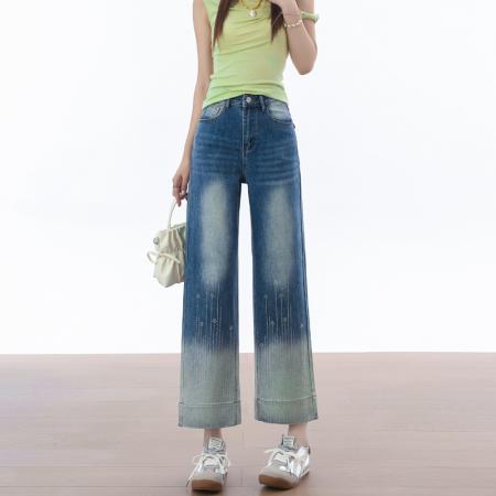 蓝色拼色直筒牛仔裤女春夏宽松薄款小个子九分弹力烟管裤子女 服裝批發女裝批發服飾貨源