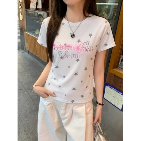 美式烫钻满印星星正肩短袖T恤女夏季设计感小众修身显瘦百搭上衣 服裝批發女裝批發服飾貨源