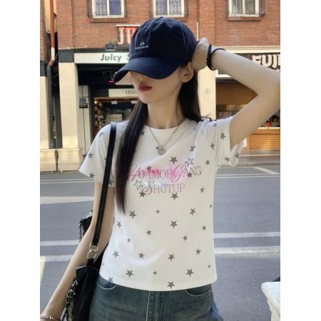 BY18970# 美式烫钻满印星星正肩短袖T恤女夏季设计感小众修身显瘦百搭上衣 服裝批發女裝批發服飾貨源