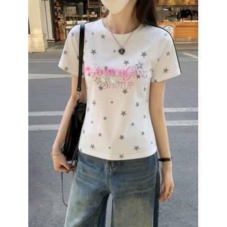 BY18970# 美式烫钻满印星星正肩短袖T恤女夏季设计感小众修身显瘦百搭上衣 服裝批發女裝批發服飾貨源