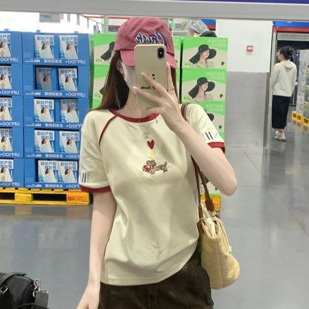 BY18971# 水柔棉双面短袖t恤夏韩系新款撞色刺绣圆领上衣女装 服裝批發女裝批發服飾貨源