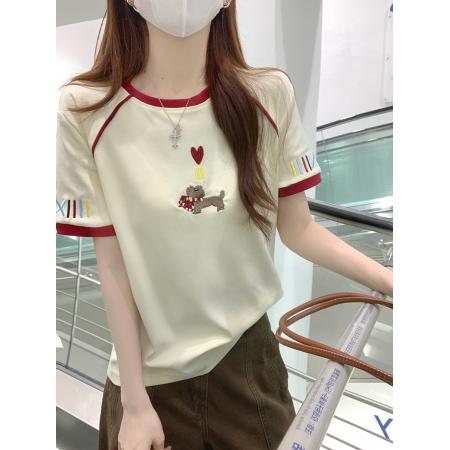 BY18971# 水柔棉双面短袖t恤夏韩系新款撞色刺绣圆领上衣女装 服裝批發女裝批發服飾貨源