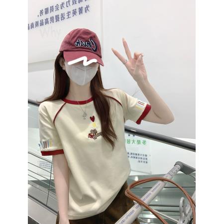 BY18971# 水柔棉双面短袖t恤夏韩系新款撞色刺绣圆领上衣女装 服裝批發女裝批發服飾貨源