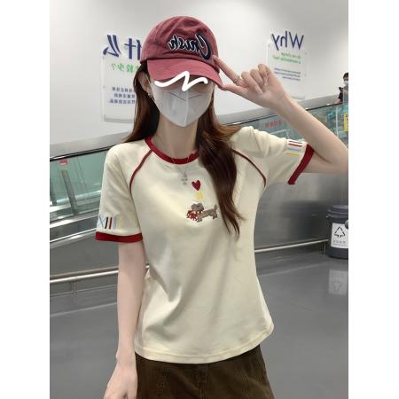 BY18971# 水柔棉双面短袖t恤夏韩系新款撞色刺绣圆领上衣女装 服裝批發女裝批發服飾貨源