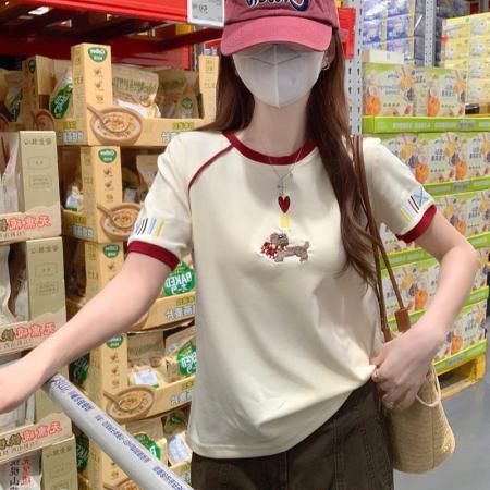 BY18971# 水柔棉双面短袖t恤夏韩系新款撞色刺绣圆领上衣女装 服裝批發女裝批發服飾貨源