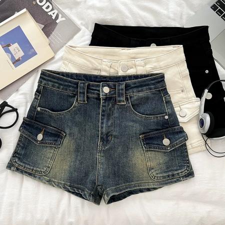 BY18974# 美式复古辣妹时尚百搭高腰显瘦牛仔双口袋短裤热裤阔腿裤休闲裤女 服裝批發女裝批發服飾貨源