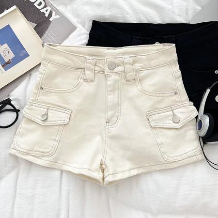 BY18974# 美式复古辣妹时尚百搭高腰显瘦牛仔双口袋短裤热裤阔腿裤休闲裤女 服裝批發女裝批發服飾貨源