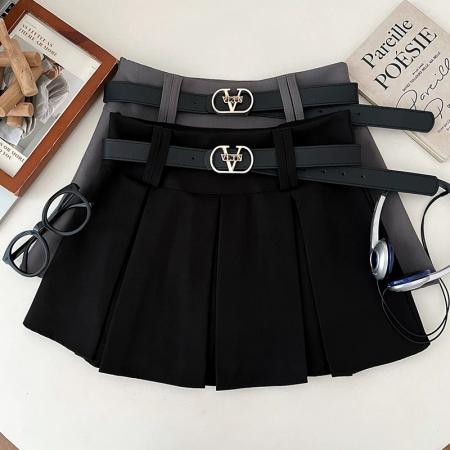 BY18976# 韩版休闲时尚百搭高腰显瘦半身裙防走光短裙a字裙百褶裙配皮带女 服裝批發女裝批發服飾貨源