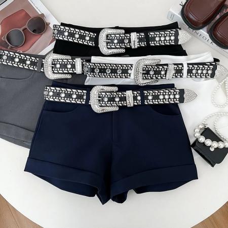 重工满钻腰带高腰显瘦短裤阔腿裤休闲裤热裤a字裤打底裤女夏季 服裝批發女裝批發服飾貨源