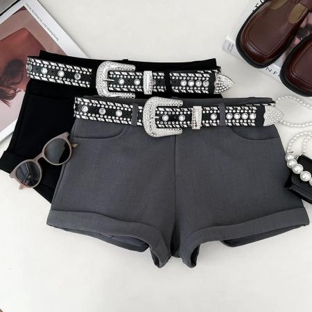 BY18978# 重工满钻腰带高腰显瘦短裤阔腿裤休闲裤热裤a字裤打底裤女夏季 服裝批發女裝批發服飾貨源