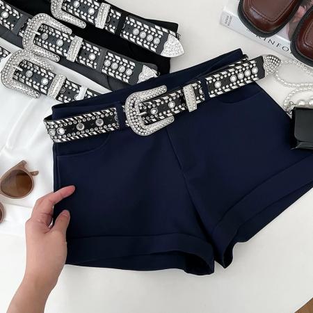 BY18978# 重工满钻腰带高腰显瘦短裤阔腿裤休闲裤热裤a字裤打底裤女夏季 服裝批發女裝批發服飾貨源