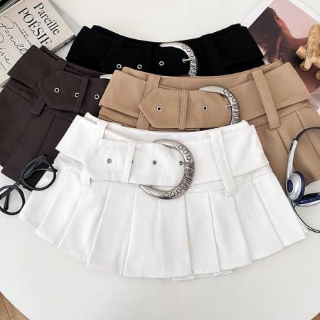 设计感辣妹低腰显瘦百褶裙半身裙短裙a字裙防走光裙配腰带女夏季 服裝批發女裝批發服飾貨源