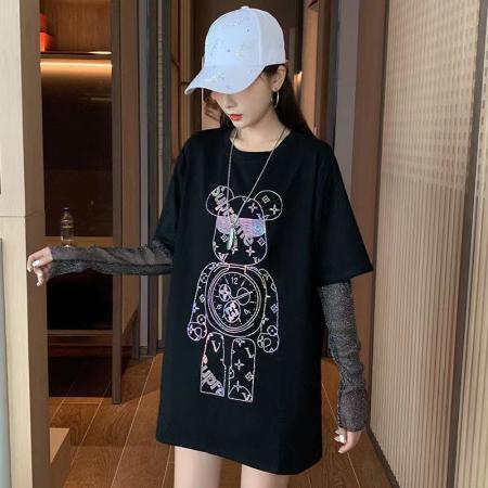 BY18981# 网红拼接小熊烫钻打底T恤新款宽松显瘦假两件上衣潮 服裝批發女裝批發服飾貨源