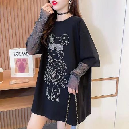 BY18981# 网红拼接小熊烫钻打底T恤新款宽松显瘦假两件上衣潮 服裝批發女裝批發服飾貨源