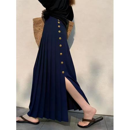 BY18983# 重要场合漂亮裙子高腰气质高腰藏青色单排扣百褶开叉半身裙女早秋 服裝批發女裝批發服飾貨源