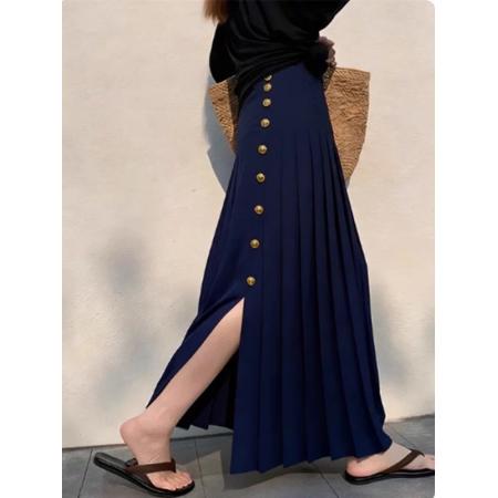 BY18983# 重要场合漂亮裙子高腰气质高腰藏青色单排扣百褶开叉半身裙女早秋 服裝批發女裝批發服飾貨源