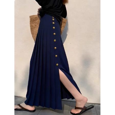 BY18983# 重要场合漂亮裙子高腰气质高腰藏青色单排扣百褶开叉半身裙女早秋 服裝批發女裝批發服飾貨源